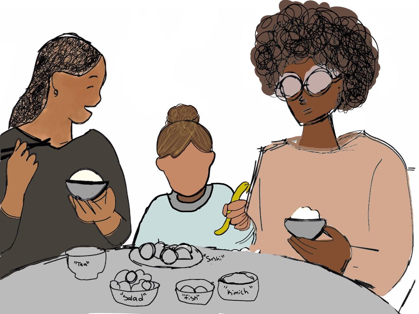 An illustration from Pouring Reign: Torrance sharing a moment with her family